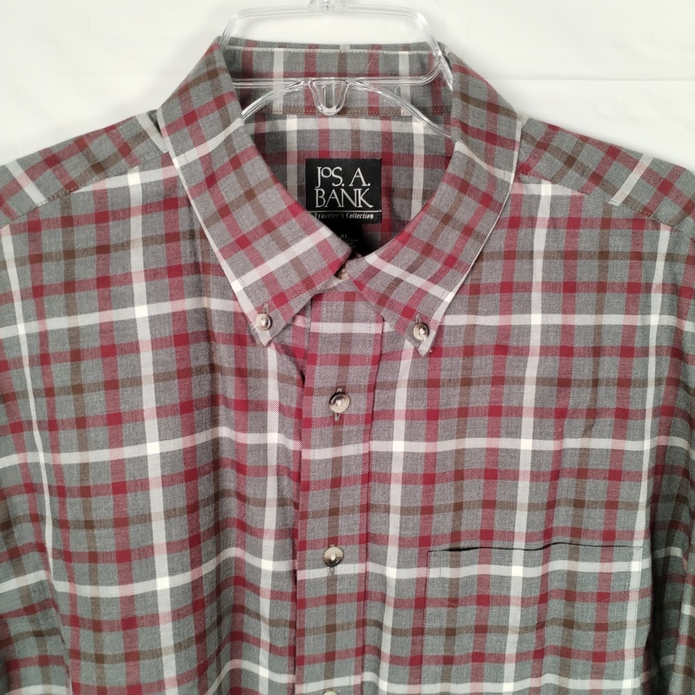 Jos. A. Bank Traveler's Collection XL Shirt Gray Red Plaid Soft Light Flannel